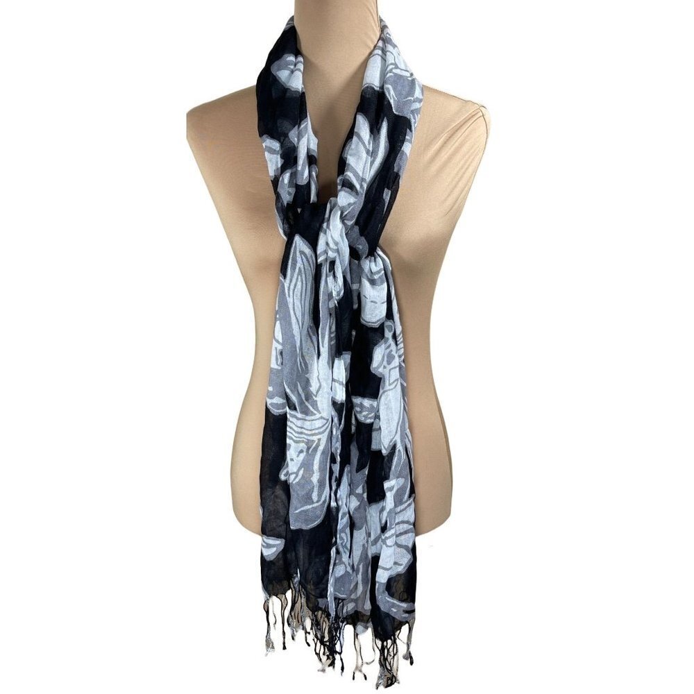 Women's Scarf Lightweight Black Gray White Tassel 25" X 75"